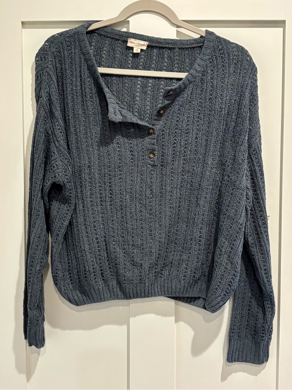 Hem & Thread Blue/Gray Knit Henley Sweater - Cozy Cable Texture